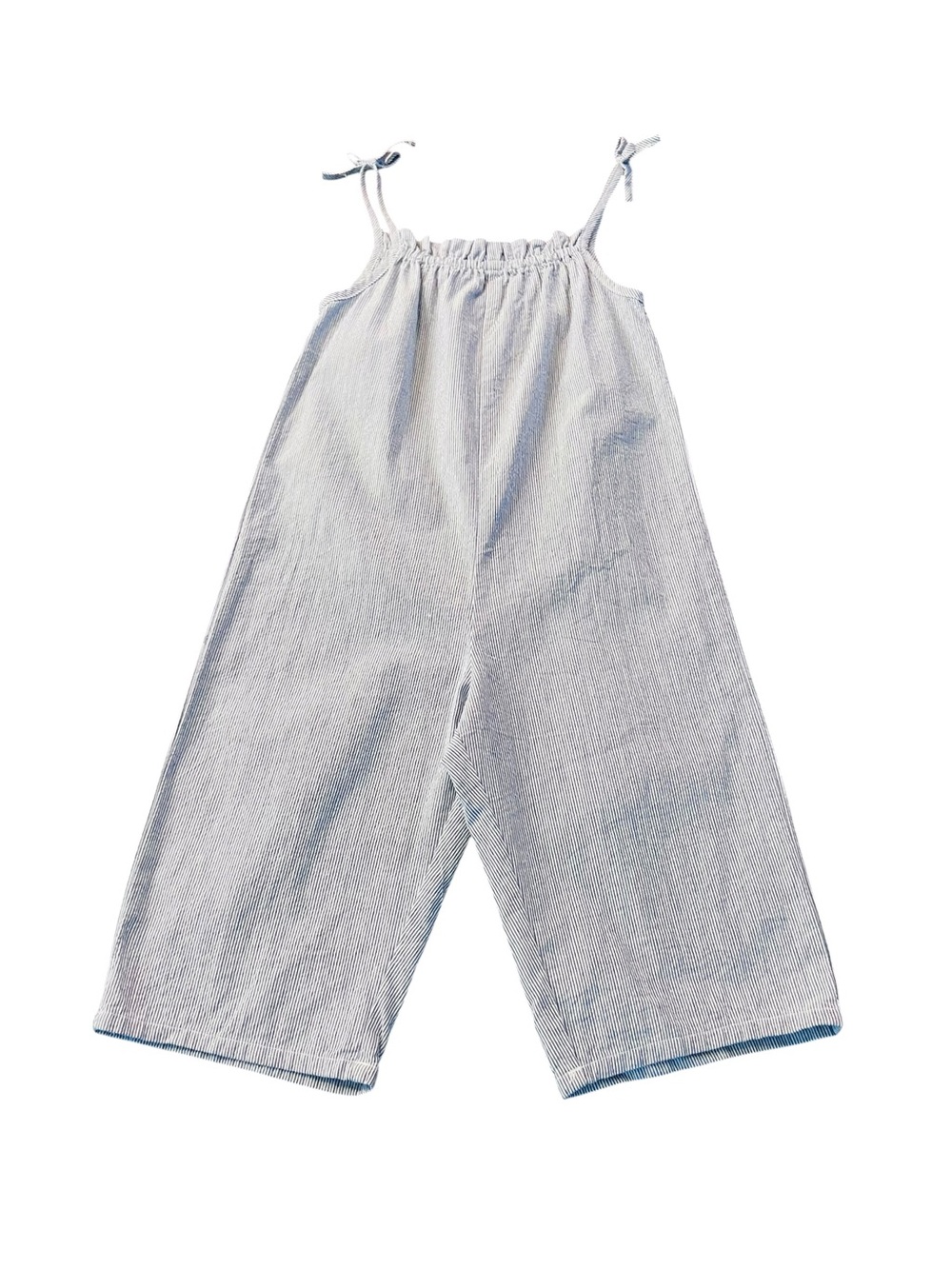 The Little White Company Kids Light Blue Striped Wide-Leg Romper with Tie Straps